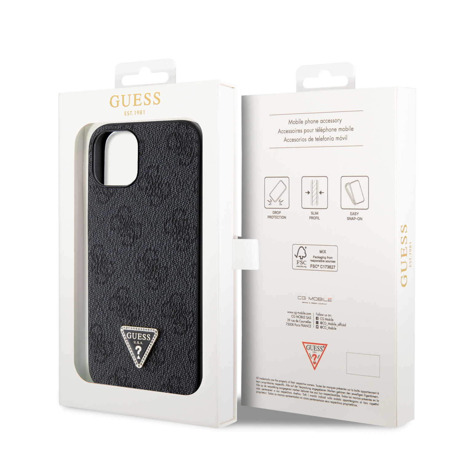 Guess PU 4G Strass Triangle Metal Logo Zadní Kryt pro iPhone 15 Black