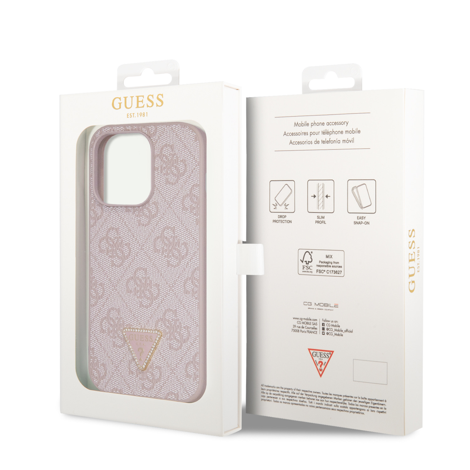 Guess PU 4G Strass Triangle Metal Logo Zadní Kryt pro iPhone 15 Pro Pink