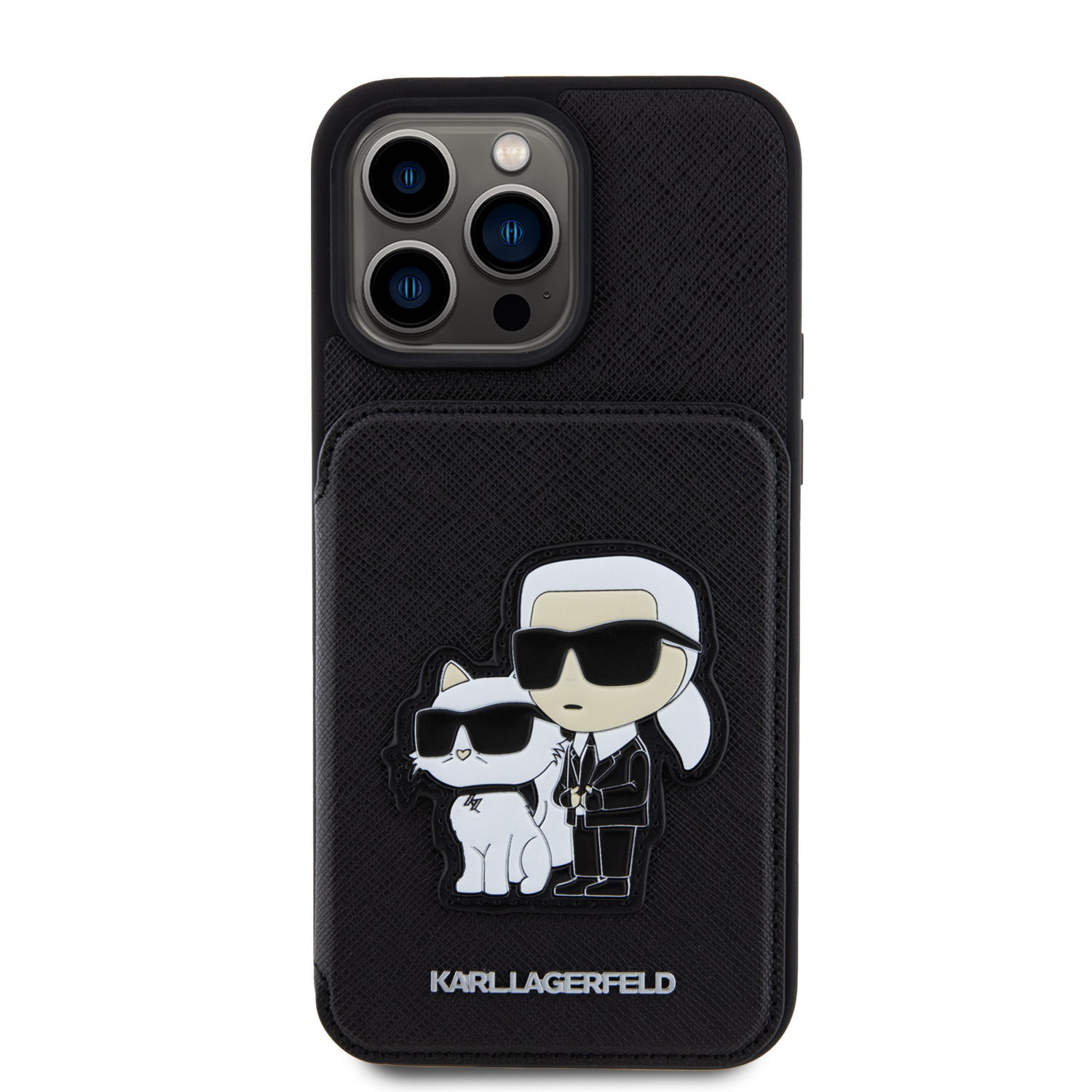 Zadní Kryt Karl Lagerfeld PU Saffiano Card Slot Stand Karl and Choupette pro Apple iPhone 15 Pro Max, černá