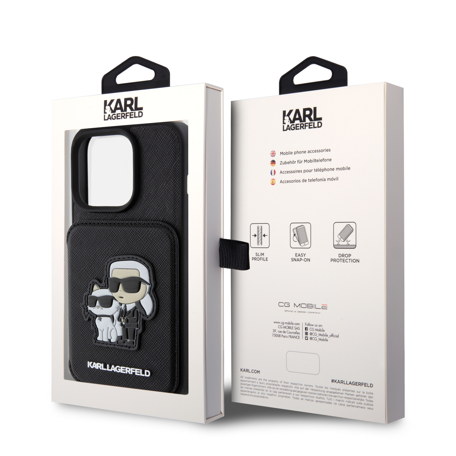 Karl Lagerfeld PU Saffiano Card Slot Stand Karl and Choupette Zadní Kryt pro iPhone 15 Pro Black