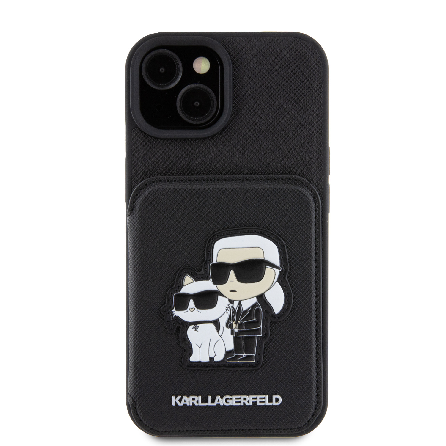 Zadní Kryt Karl Lagerfeld PU Saffiano Card Slot Stand Karl and Choupette pro Apple iPhone 15, černá