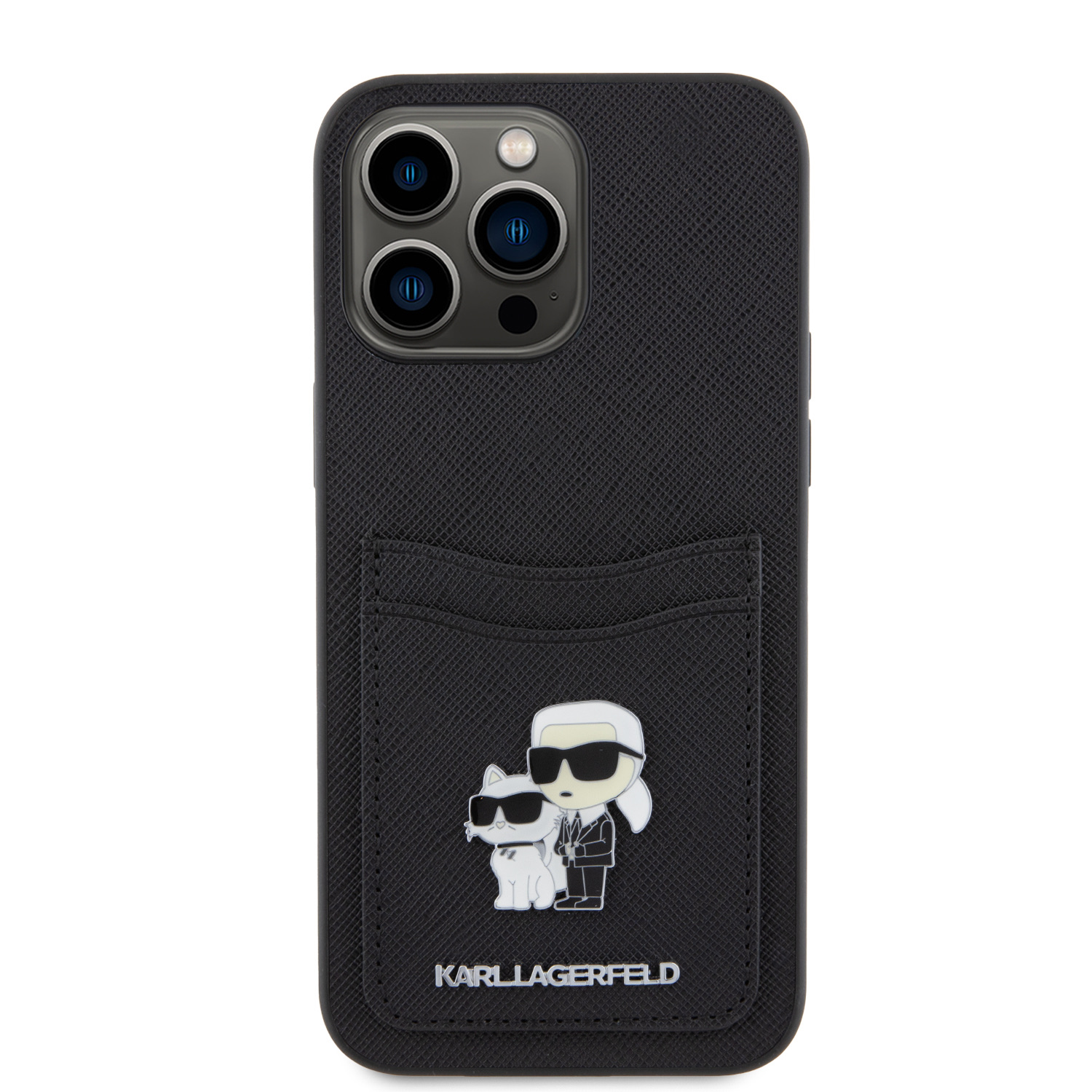 Levně Karl Lagerfeld PU Saffiano Card Slot Metal Karl and Choupette Zadní Kryt pro iPhone 15 Pro Max Black