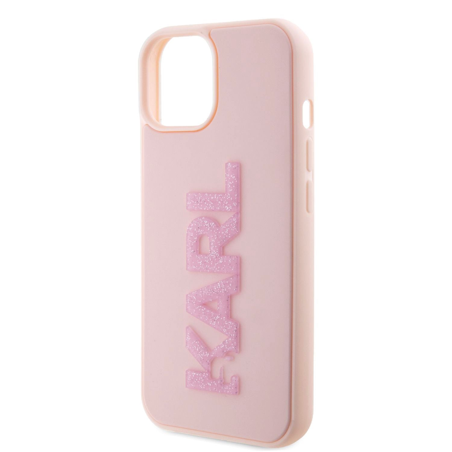 Karl Lagerfeld 3D Rubber Glitter Logo Karl Zadní Kryt pro iPhone 15 Pink