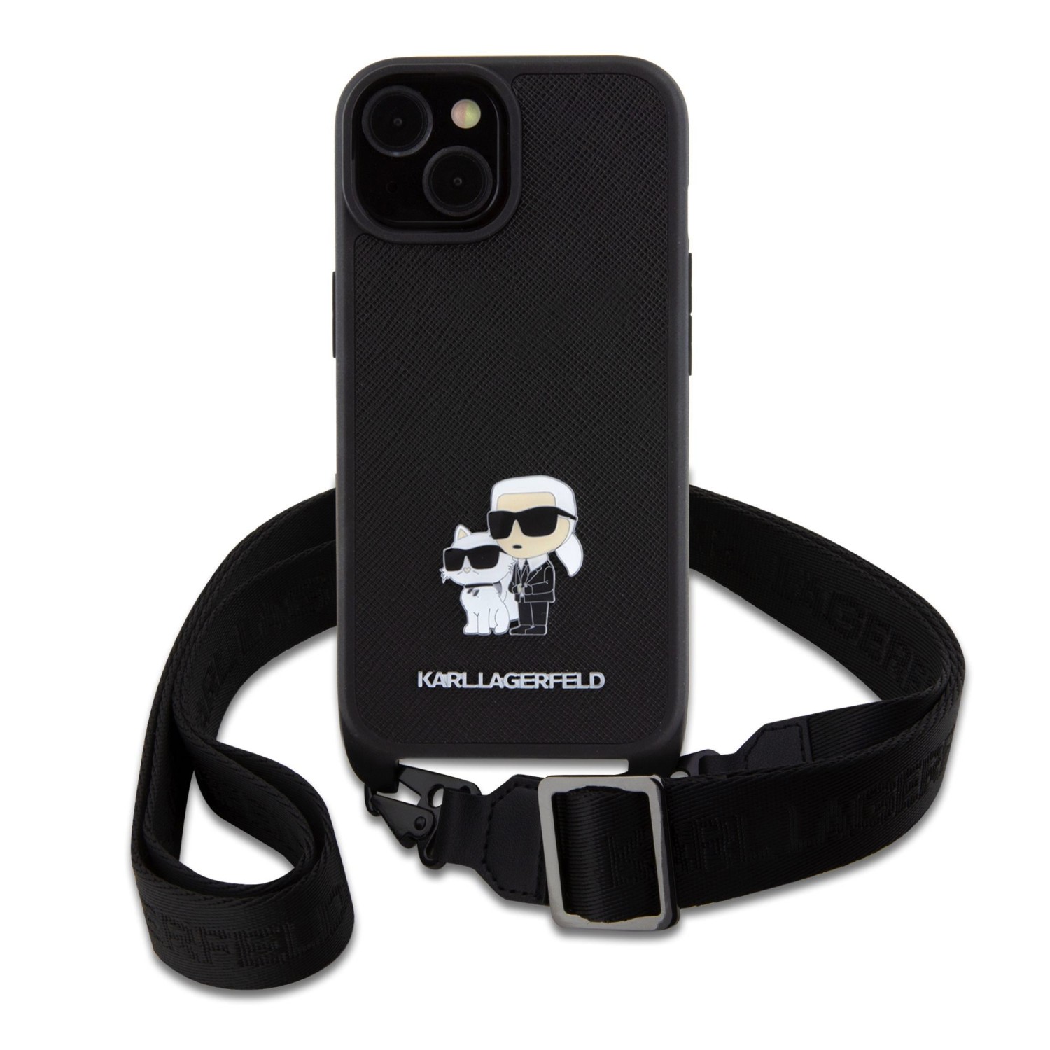 Levně Karl Lagerfeld Saffiano Crossbody Metal Karl and Choupette Zadní Kryt pro iPhone 15 Black