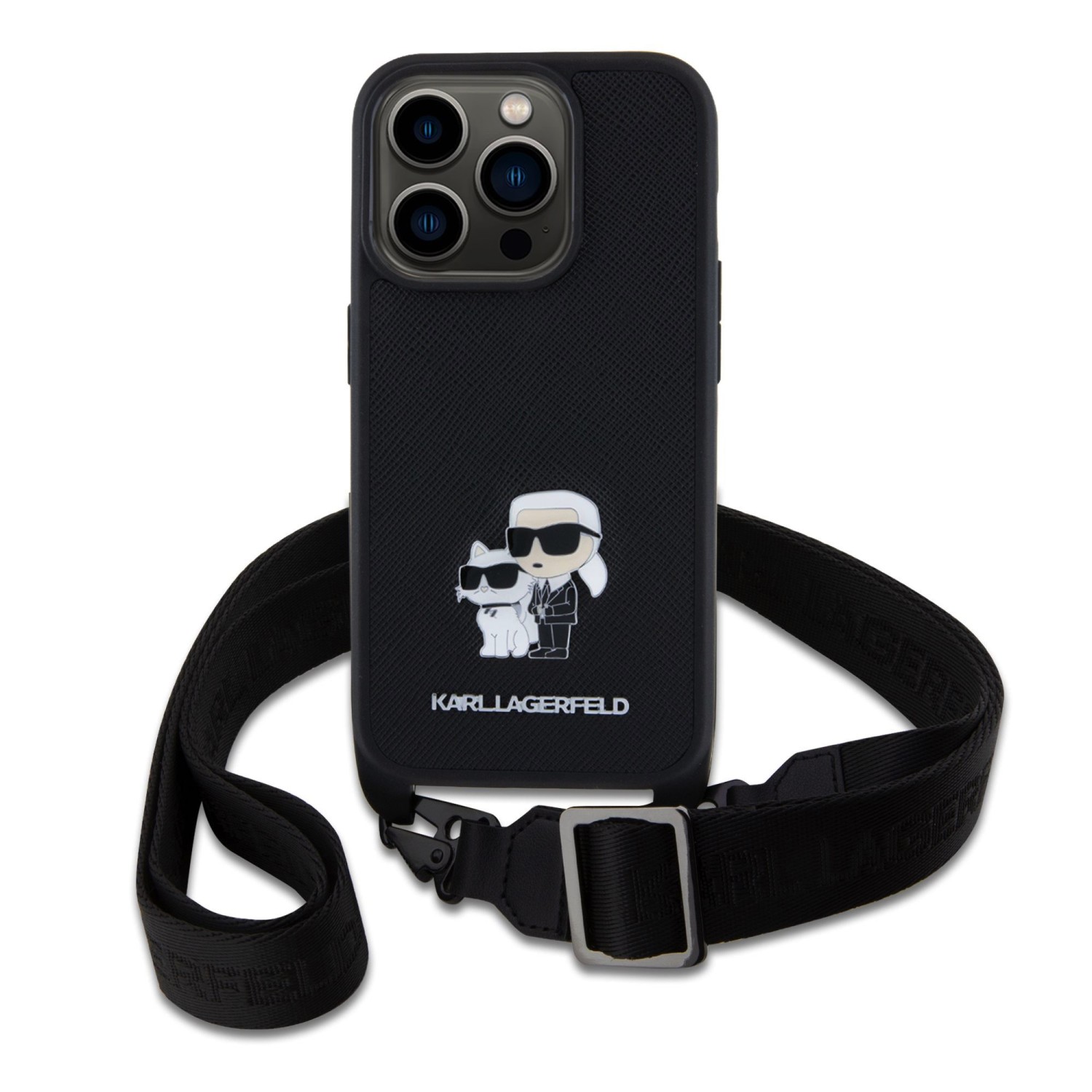 Levně Karl Lagerfeld Saffiano Crossbody Metal Karl and Choupette Zadní Kryt pro iPhone 15 Pro Black