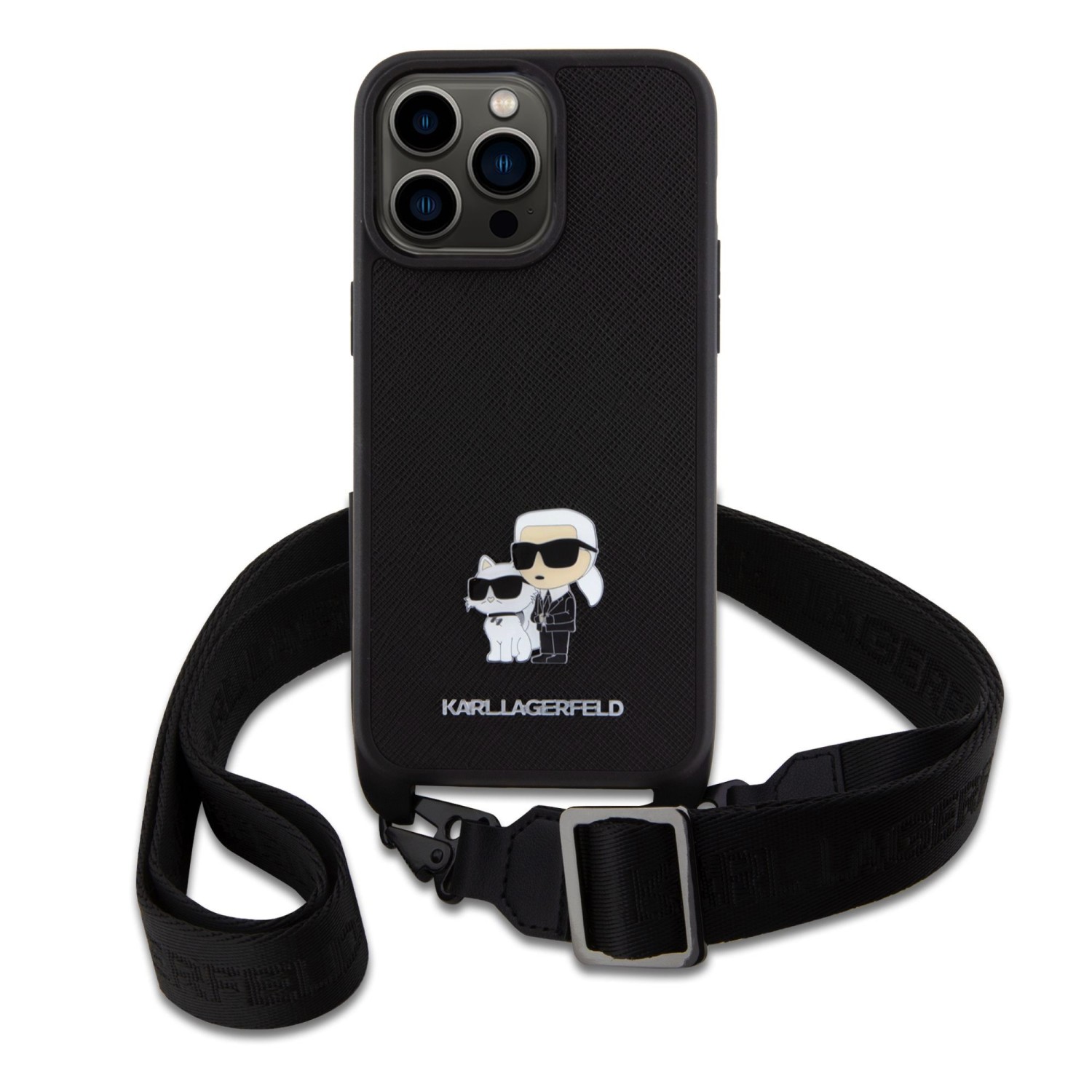 Levně Karl Lagerfeld Saffiano Crossbody Metal Karl and Choupette Zadní Kryt pro iPhone 15 Pro Max Black