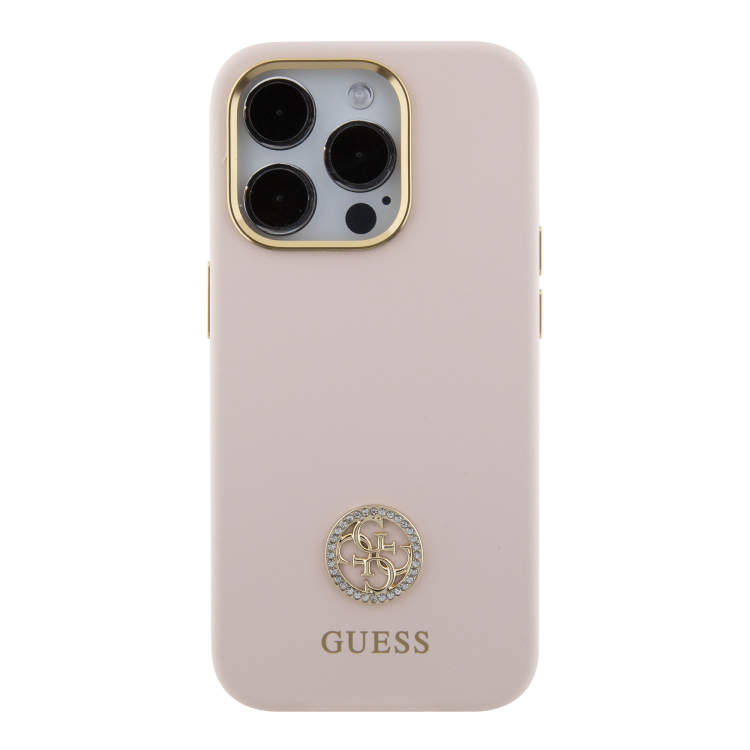 Guess Liquid Silicone 4G Strass Metal Logo Zadní Kryt pro iPhone 15 Pro Pink