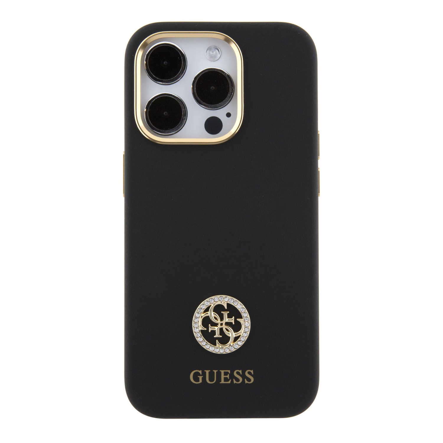 Guess Liquid Silicone 4G Strass Metal Logo Zadní Kryt pro iPhone 15 Pro Black