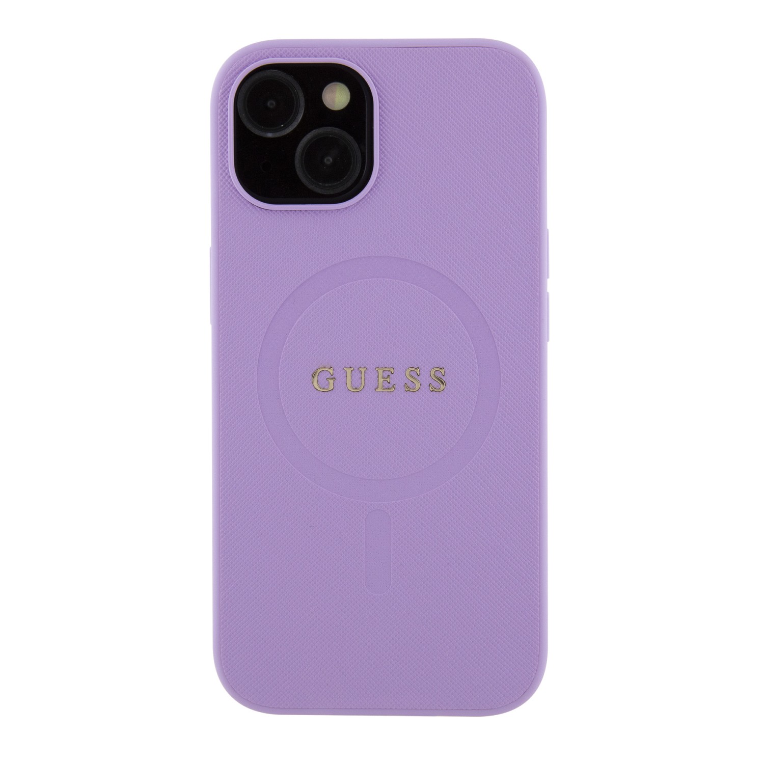 Levně Ochranný kryt Guess PU Saffiano MagSafe pro Apple iPhone 15, fialová
