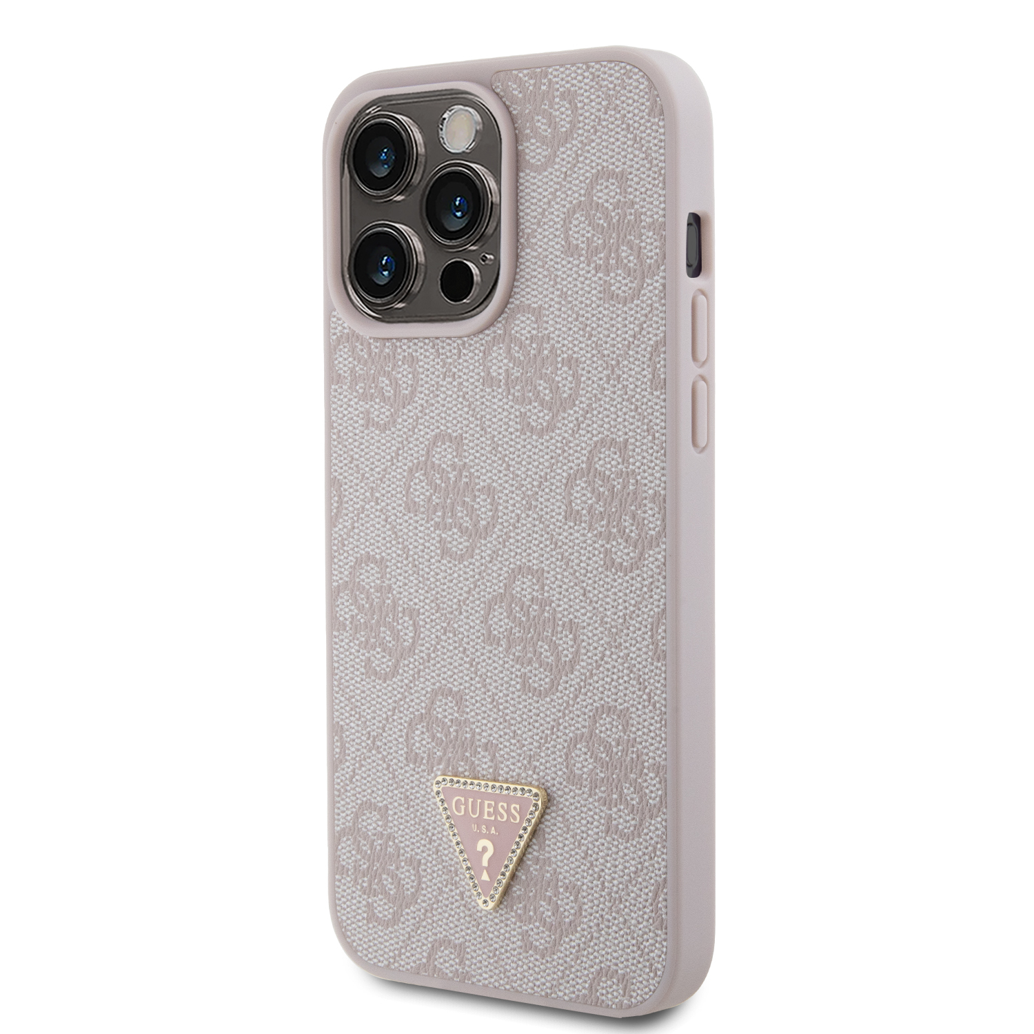 Guess PU 4G Strass Triangle Metal Logo Zadní Kryt pro iPhone 15 Pro Max Pink