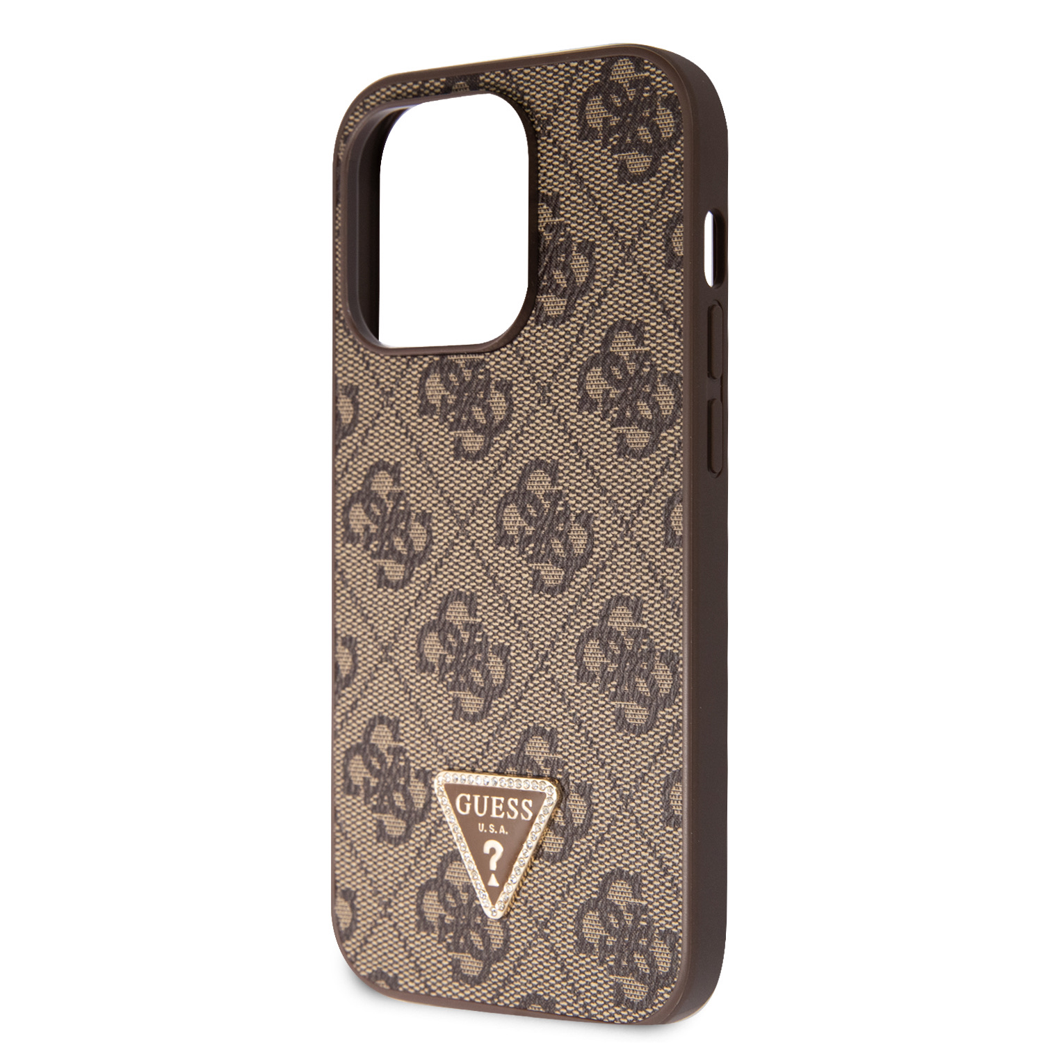 Guess PU 4G Strass Triangle Metal Logo Zadní Kryt + Crossbody Popruh pro iPhone 15 Pro Brown