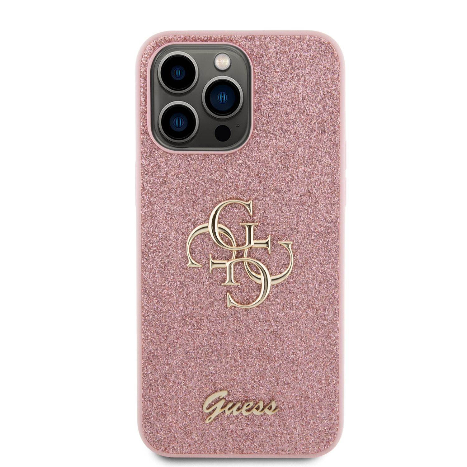 Guess PU Fixed Glitter 4G Metal Logo Zadní Kryt pro iPhone 15 Pro Max Pink