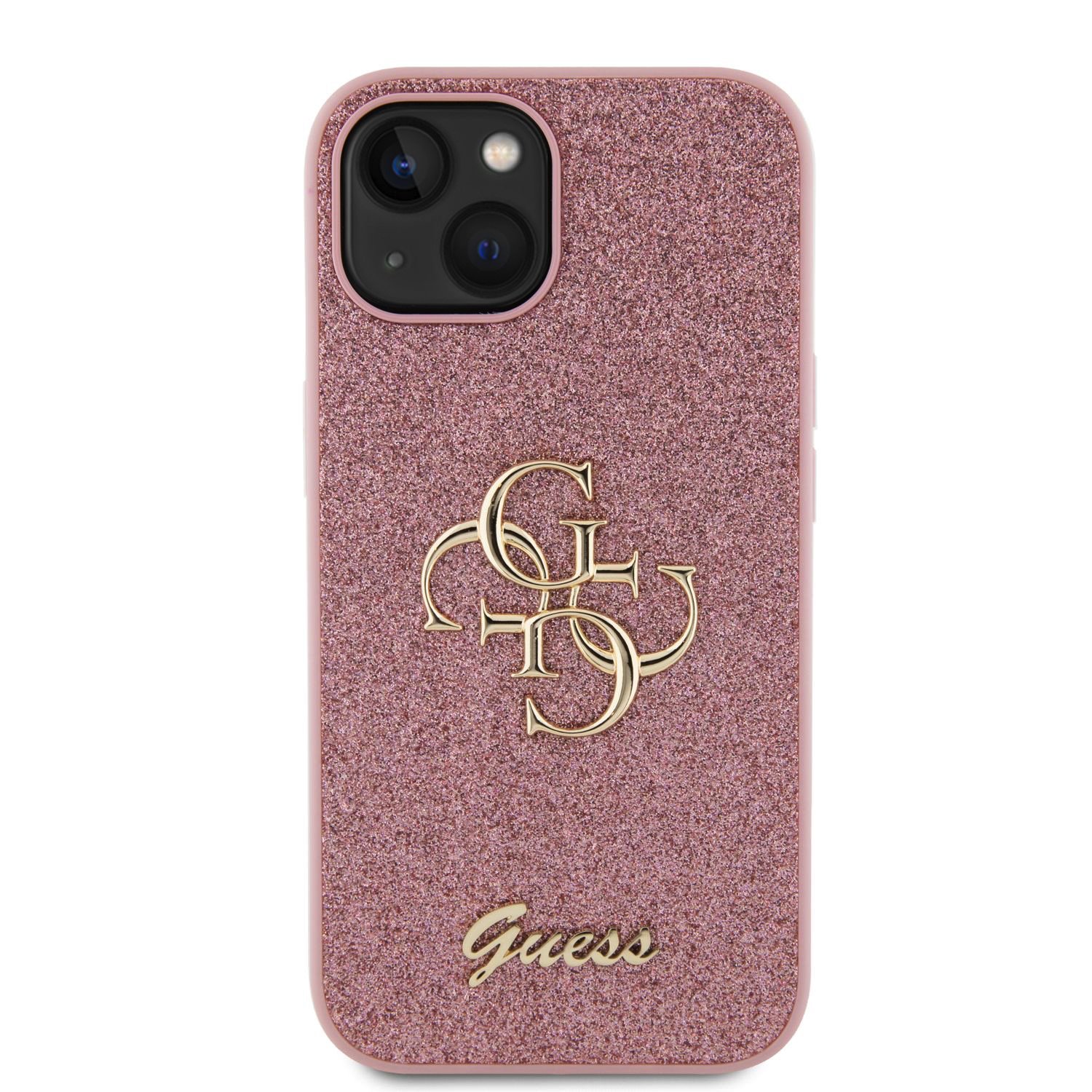 Guess PU Fixed Glitter 4G Metal Logo Zadní Kryt pro iPhone 15 Pink