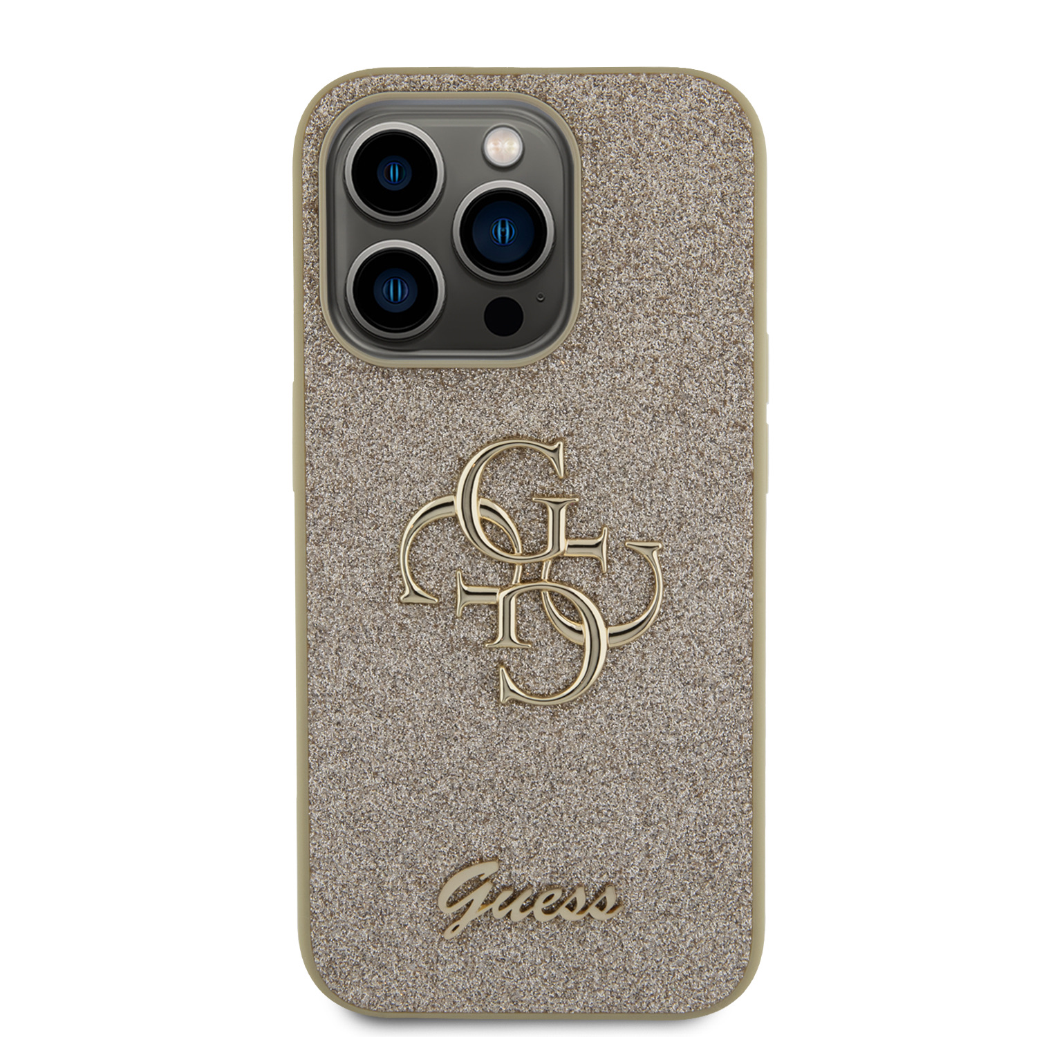 Guess PU Fixed Glitter 4G Metal Logo Zadní Kryt pro iPhone 15 Pro Gold
