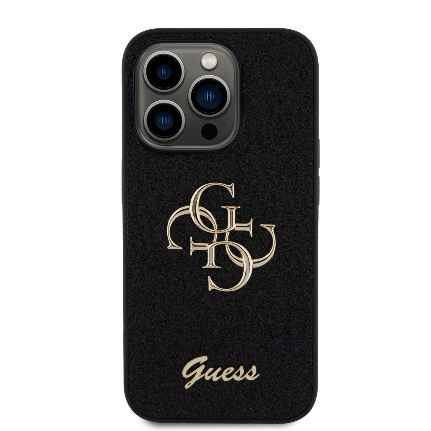 Guess PU Fixed Glitter 4G Metal Logo Zadní Kryt pro iPhone 15 Pro Black