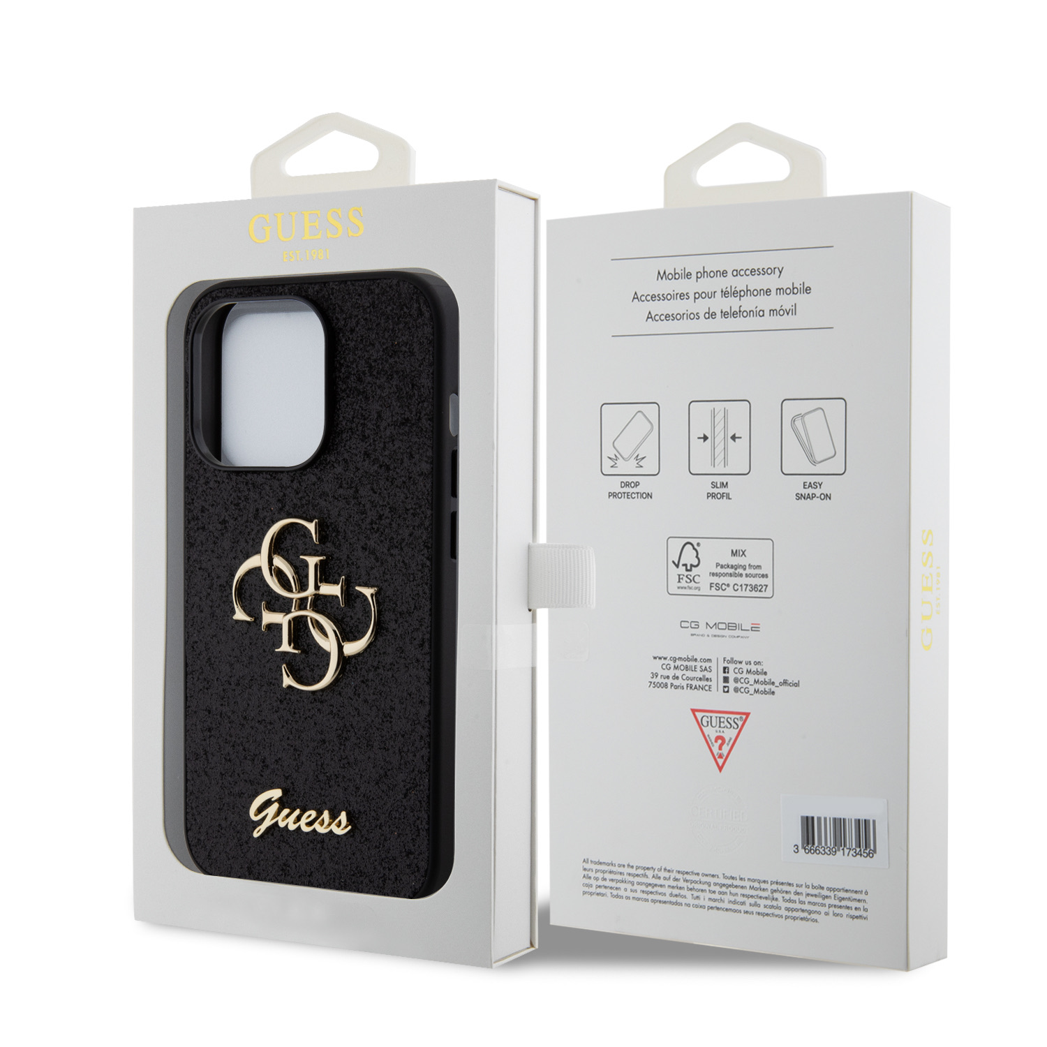 Guess PU Fixed Glitter 4G Metal Logo Zadní Kryt pro iPhone 15 Pro Black