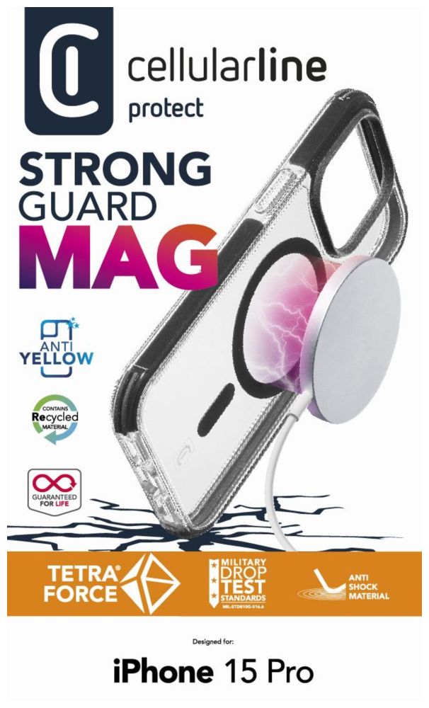 Ochranný kryt Cellularline Tetra Force Strong Guard Mag s podporou Magsafe pro Apple iPhone 15 Pro, transparentní