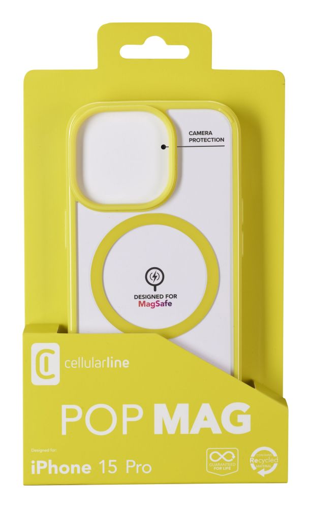 Zadní kryt Cellularline Pop Mag s podporou Magsafe pro Apple iPhone 15 Pro, čirý / limetkový