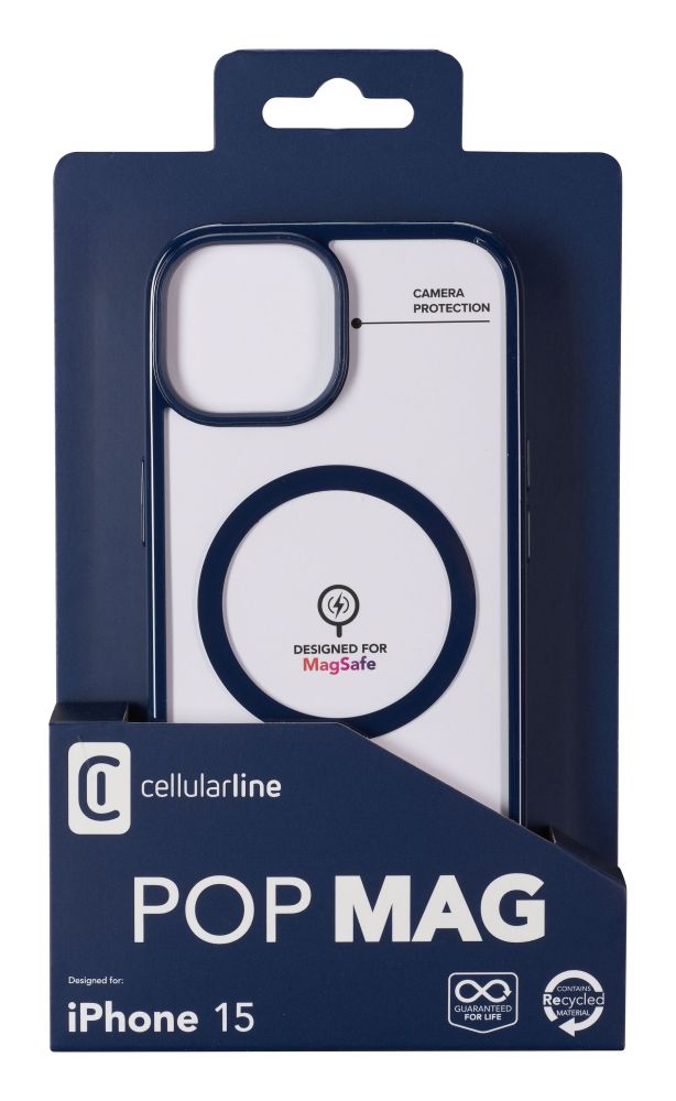 Zadní kryt Cellularline Pop Mag s podporou Magsafe pro Apple iPhone 15, čirý / modrý