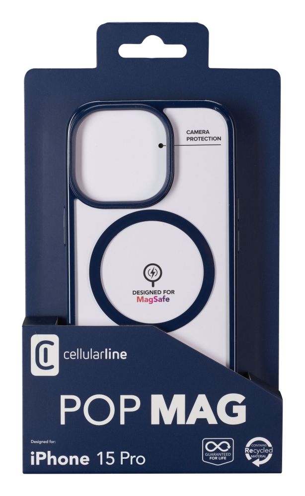 Zadní kryt Cellularline Pop Mag s podporou Magsafe pro Apple iPhone 15 Pro, čirý / modrý