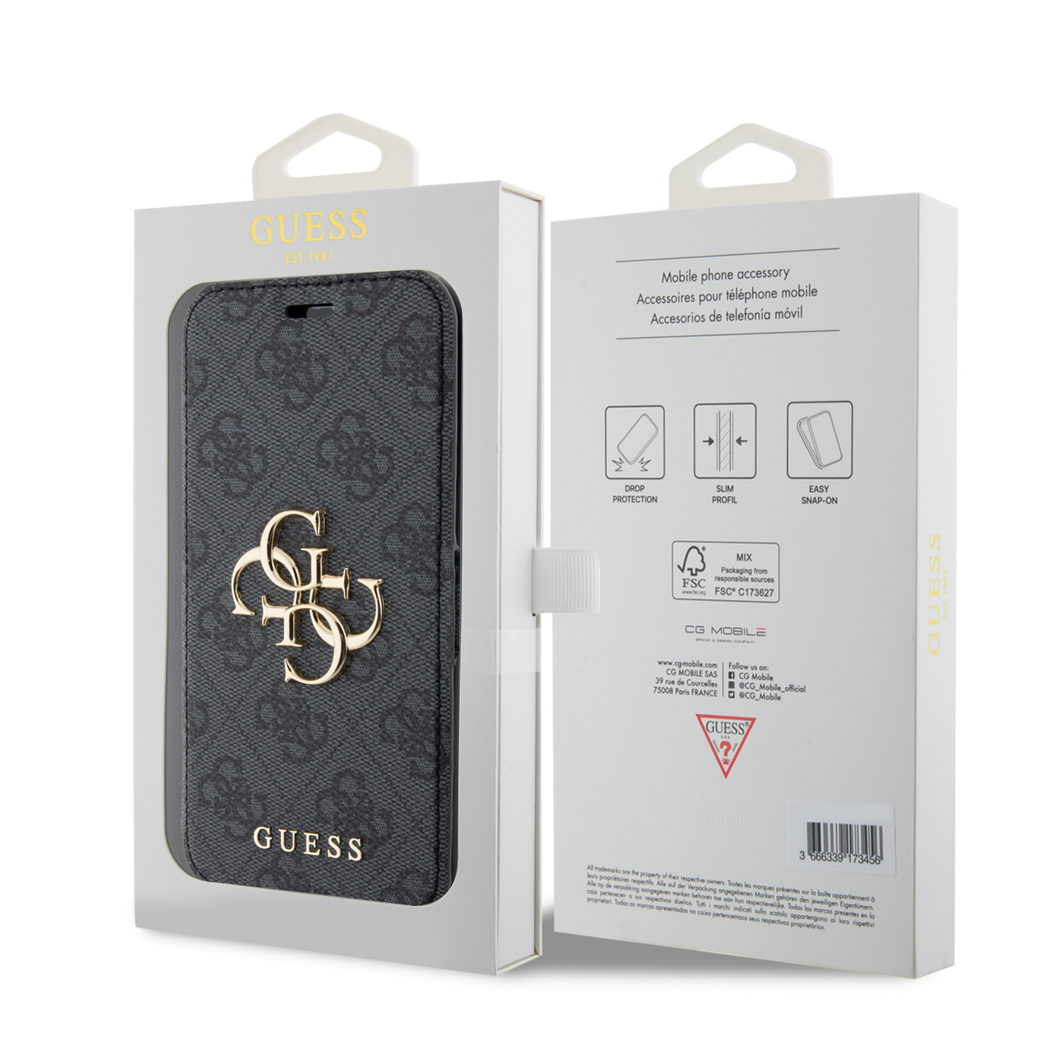 Guess PU 4G Metal Logo Book Pouzdro pro iPhone 15 Pro Max Grey
