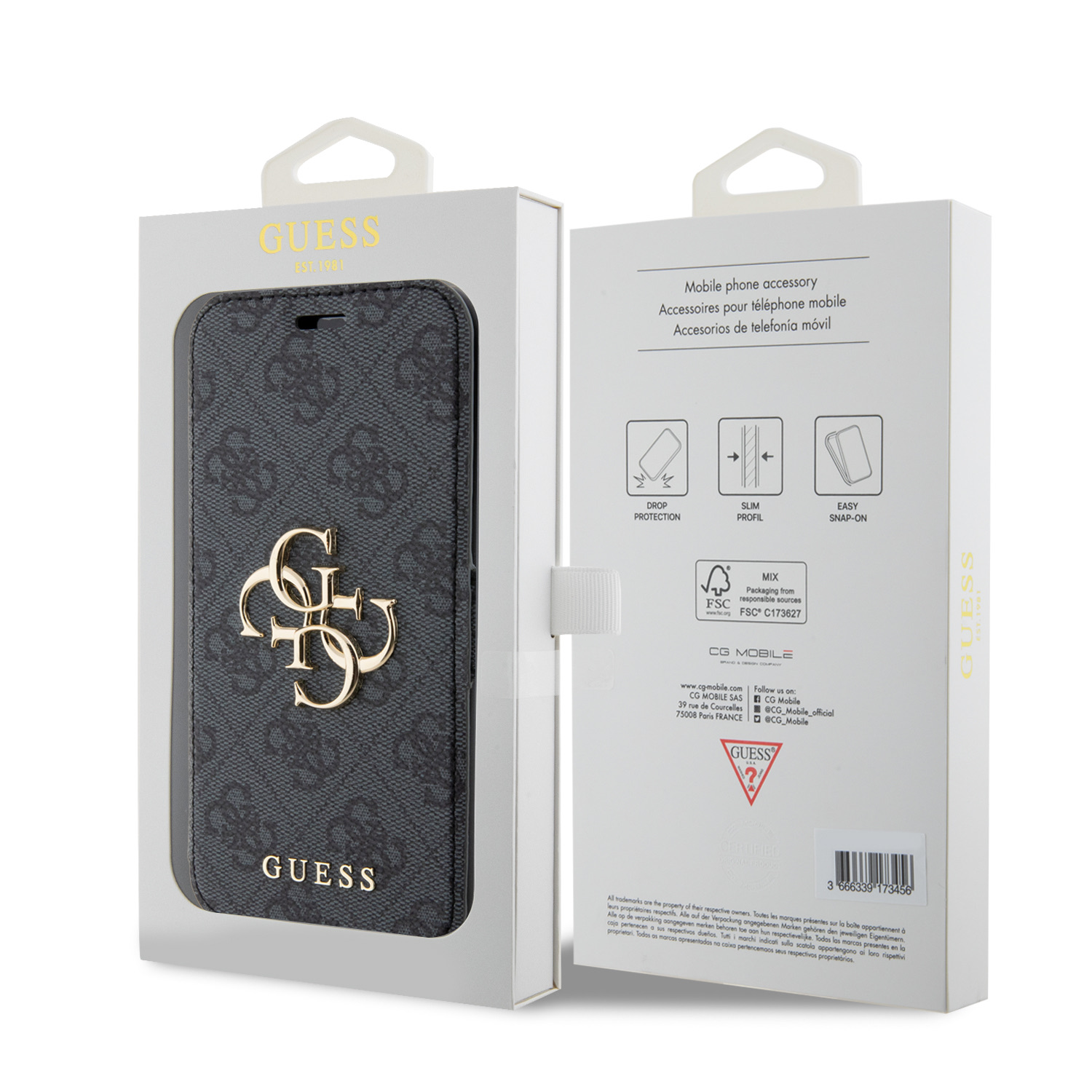 Guess PU 4G Metal Logo Book Pouzdro pro iPhone 15 Grey