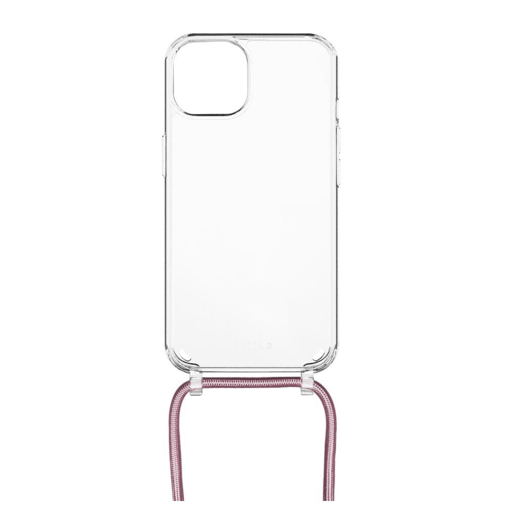 Pouzdro FIXED Pure Neck s růžovou šňůrkou na krk pro Apple iPhone 15 Plus