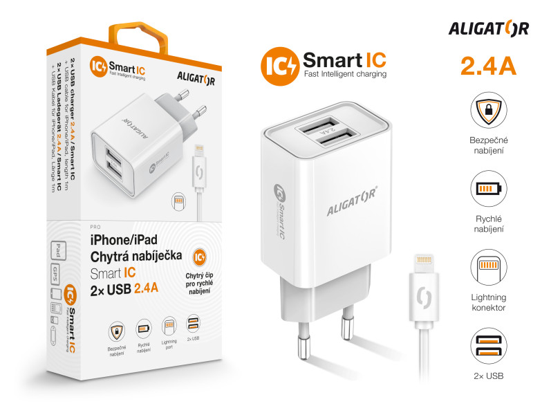 Levně Chytrá síťová nabíječka ALIGATOR 2.4A, 2xUSB, smart IC, kabel pro iPhone/iPad 2A, bílá
