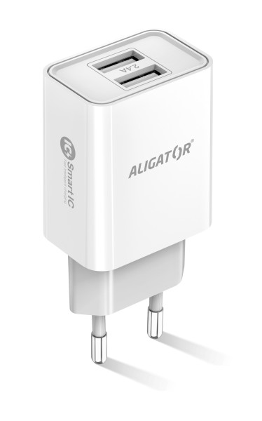 Chytrá síťová nabíječka ALIGATOR 2.4A, 2xUSB, smart IC, Micro USB kabel 2A, bílá