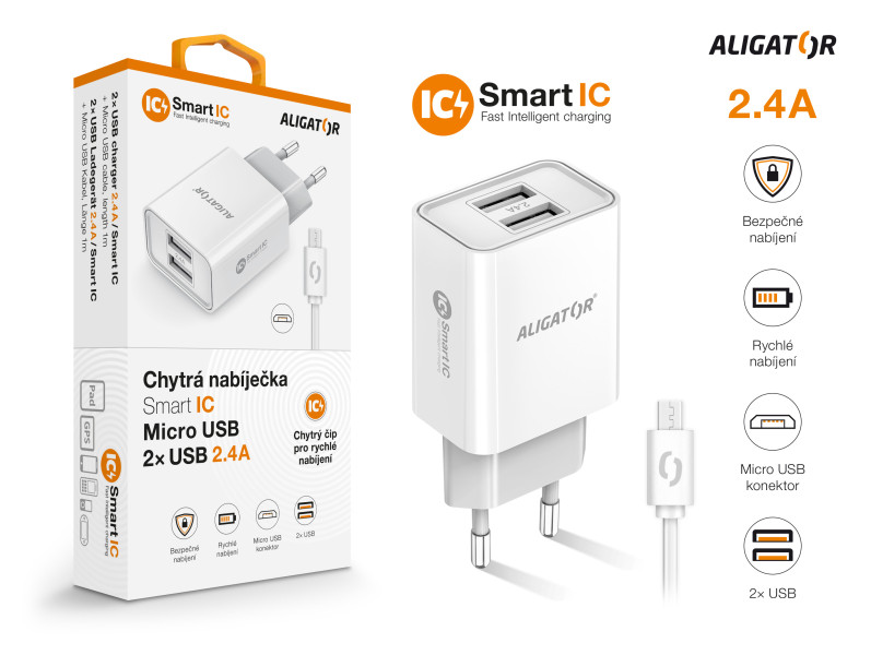 Chytrá síťová nabíječka ALIGATOR 2.4A, 2xUSB, smart IC, Micro USB kabel 2A, bílá