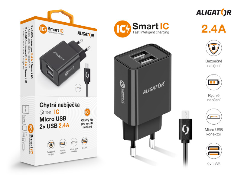 Chytrá síťová nabíječka ALIGATOR 2.4A, 2xUSB, smart IC, Micro USB kabel 2A, černá