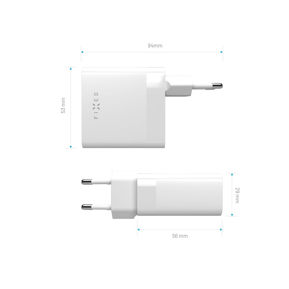 Síťová nabíječka FIXED s 2x USB-C výstupem, podpora PD, 65W, bílá