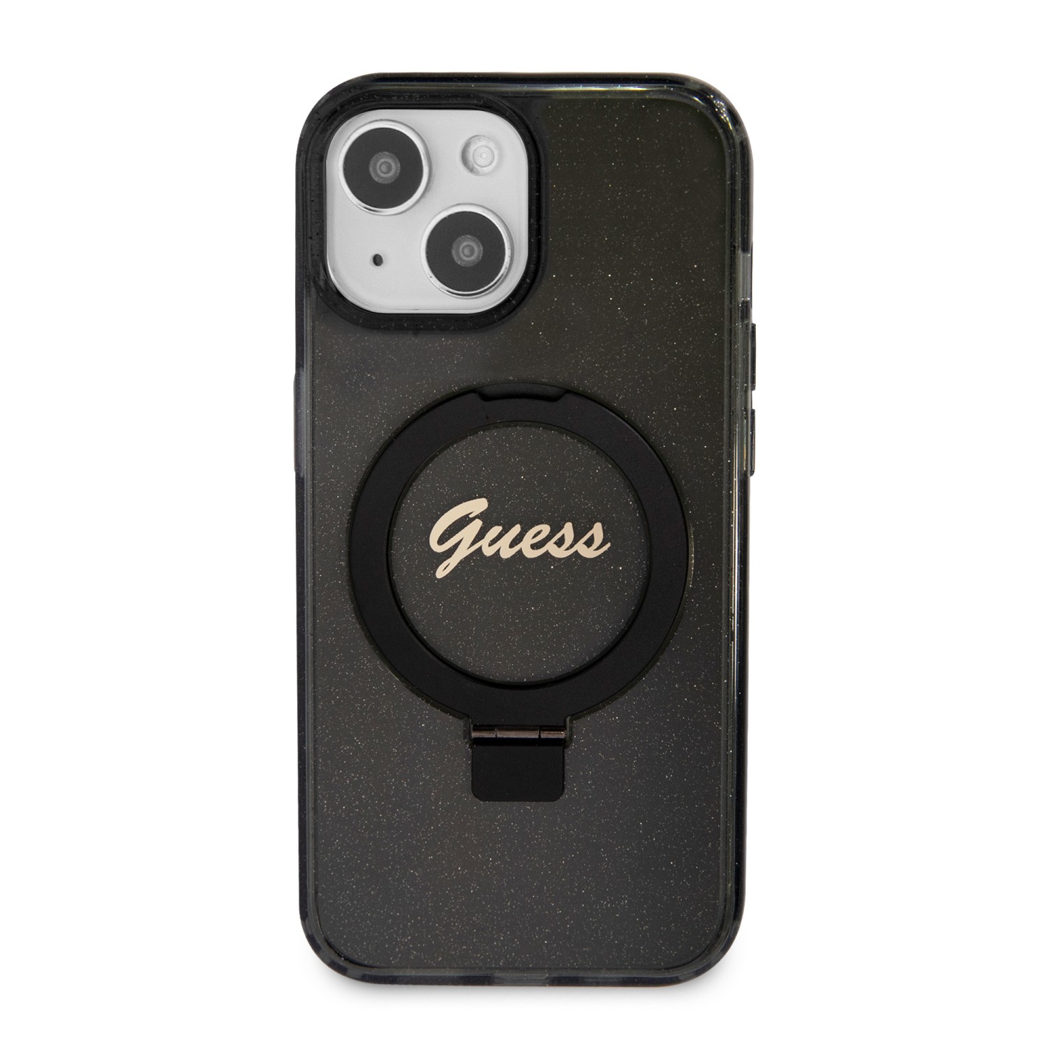 Zadní kryt Guess IML Ring Stand Glitter MagSafe pro Apple iPhone 15, black