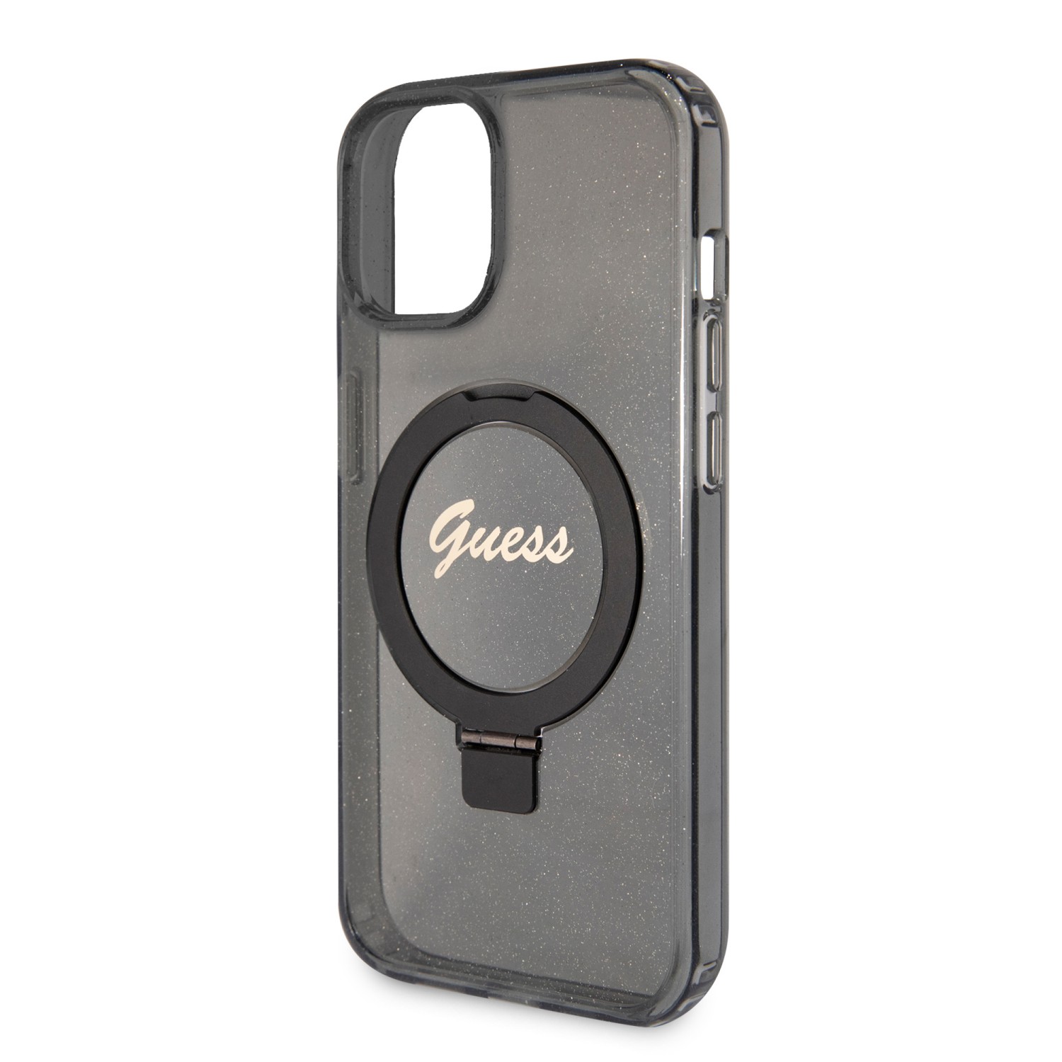 Guess IML Ring Stand Glitter MagSafe Zadní Kryt pro iPhone 15 Black
