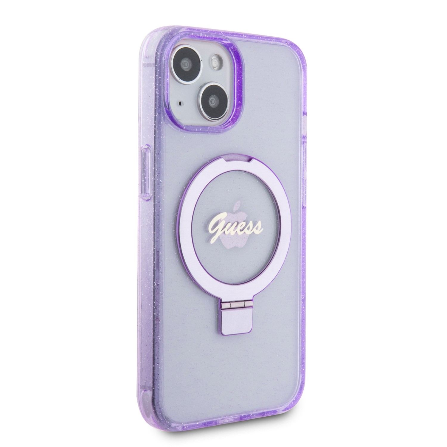 Guess IML Ring Stand Glitter MagSafe Zadní Kryt pro iPhone 15 Purple