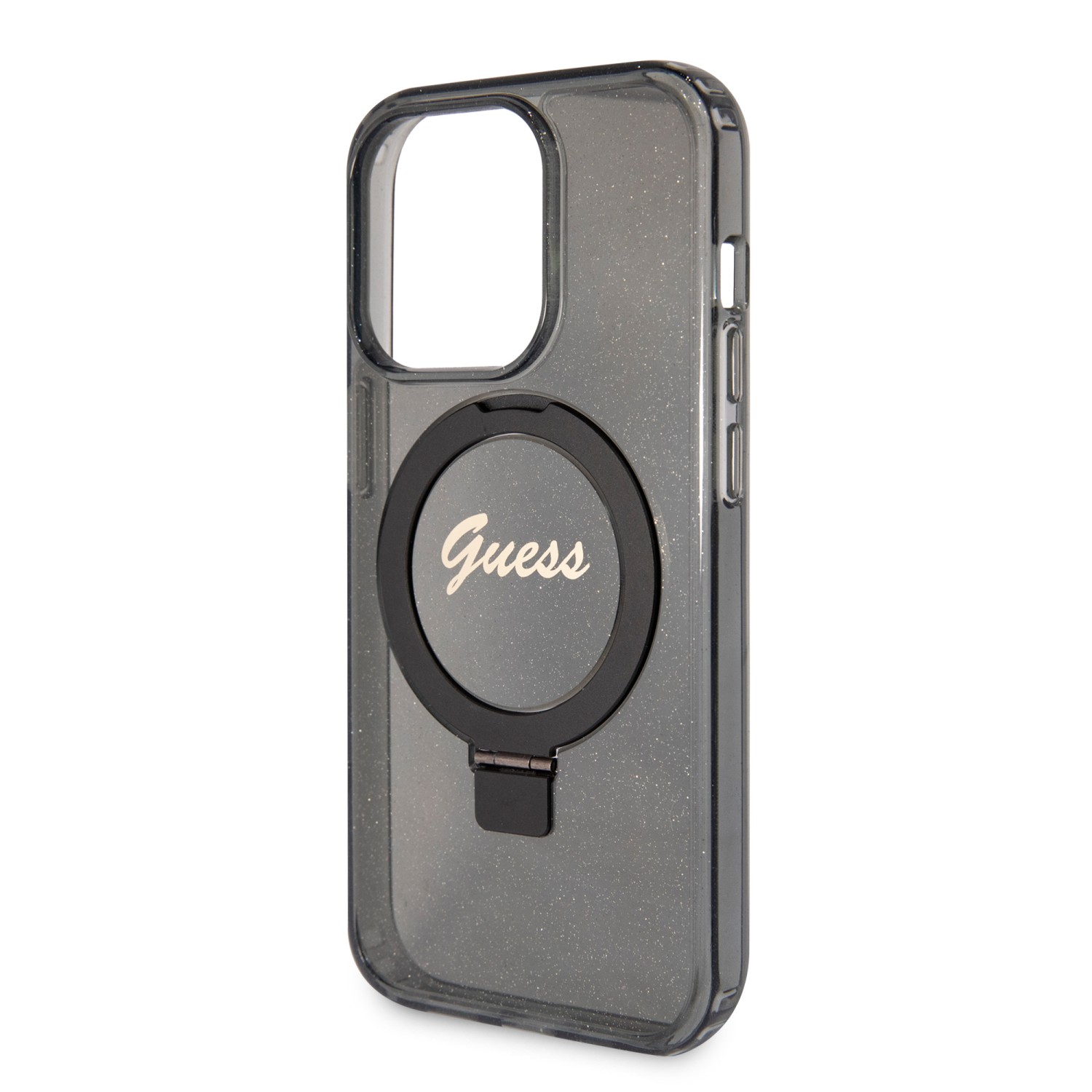 Guess IML Ring Stand Glitter MagSafe Zadní Kryt pro iPhone 15 Pro Max Black