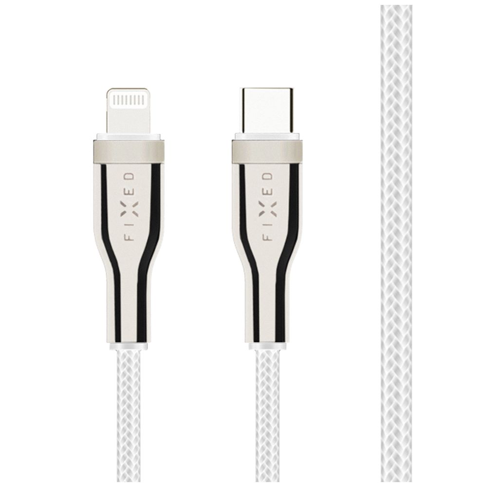 Dlouhý nabíjecí a datový opletený kabel FIXED s konektory USB-C/Lightning a podporou PD, 2 m, MFI, bílý