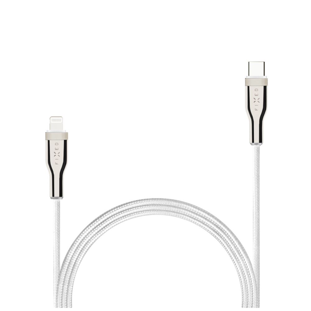 Nabíjecí a datový opletený kabel FIXED s konektory USB-C/USB-C a podporou PD, 1.2 m, USB 2.0, 100W, bílá
