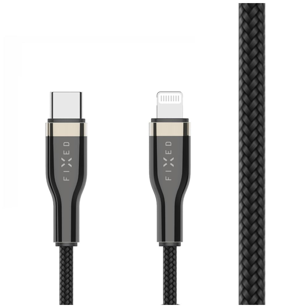 Dlouhý nabíjecí a datový opletený kabel FIXED s konektory USB-C/Lightning a podporou PD, 2m, MFI, černý