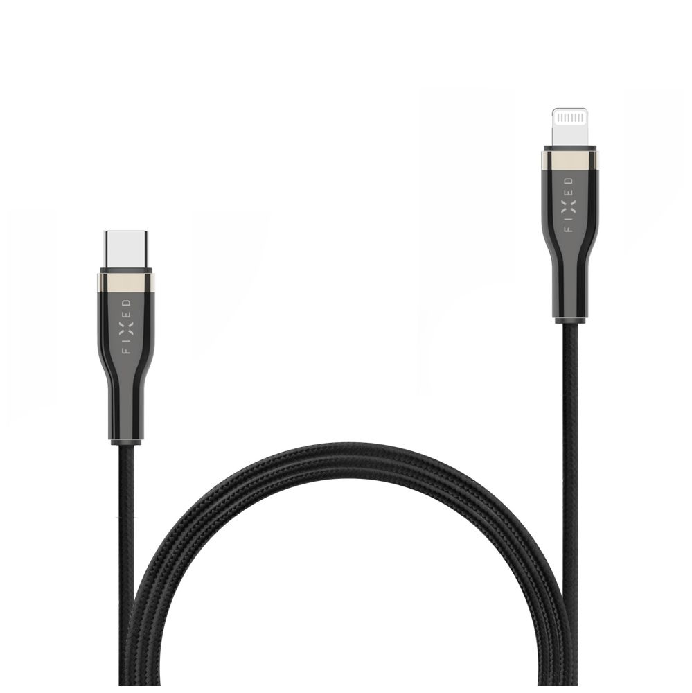 Dlouhý nabíjecí a datový opletený kabel FIXED s konektory USB-C/Lightning a podporou PD, 2m, MFI, černý