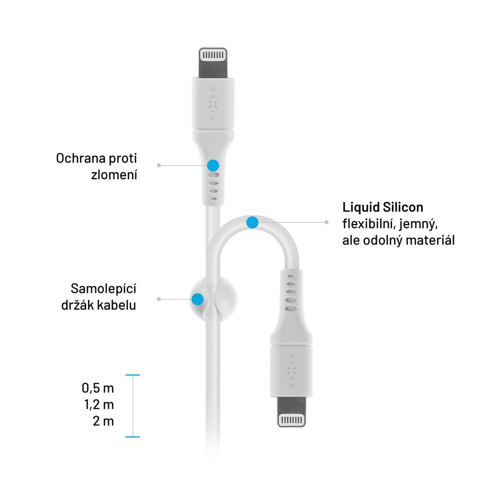 Dlouhý nabíjecí a datový Liquid silicone kabel FIXED s konektory USB-C/Lightning a podporou PD, 2m, MFI, bílý