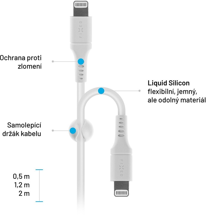 Nabíjecí a datový kabel FIXED Liquid silicone s konektory USB-C/Lightning a podporou PD, 1.2m, MFI, bílá