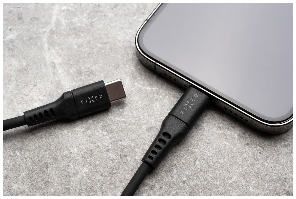 Nabíjecí a datový Liquid silicone kabel FIXED s konektory USB-C/Lightning a podporou PD, 1.2m, MFI, černý
