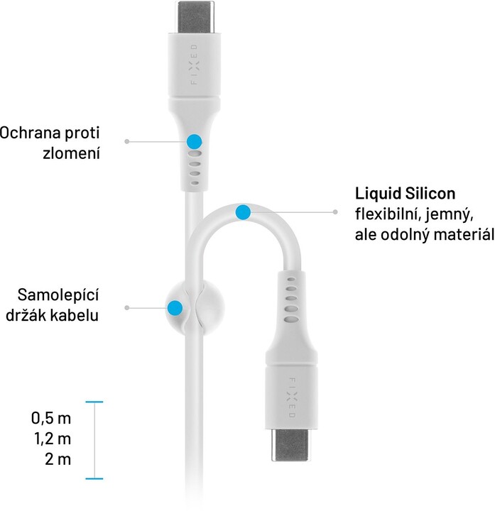 Nabíjecí a datový kabel FIXED Liquid silicone s konektory USB-C/USB-C a podporou PD, 2m, USB 2.0, 60W, bílá