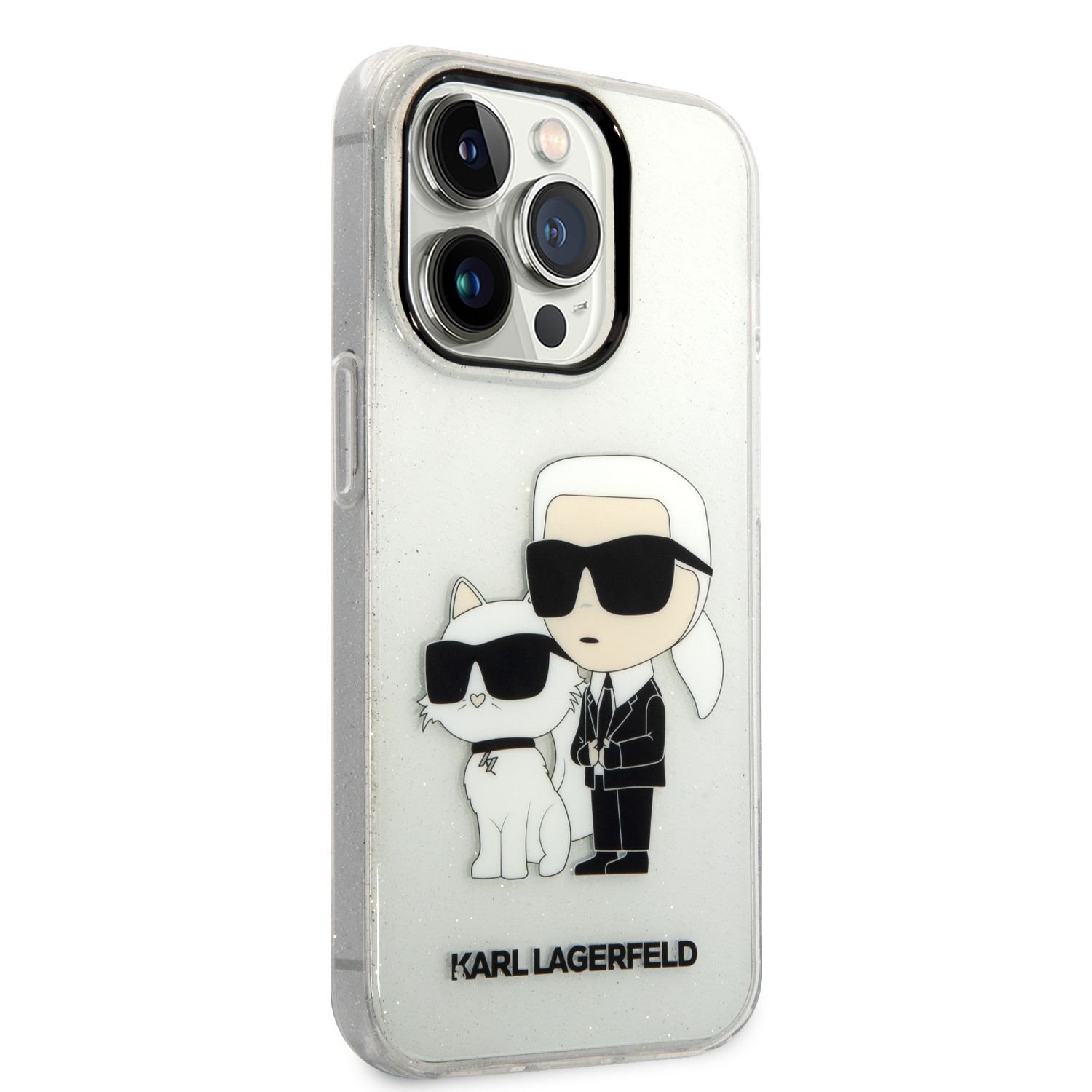 Karl Lagerfeld IML Glitter Karl and Choupette NFT Zadní Kryt pro iPhone 14 Pro Transparent