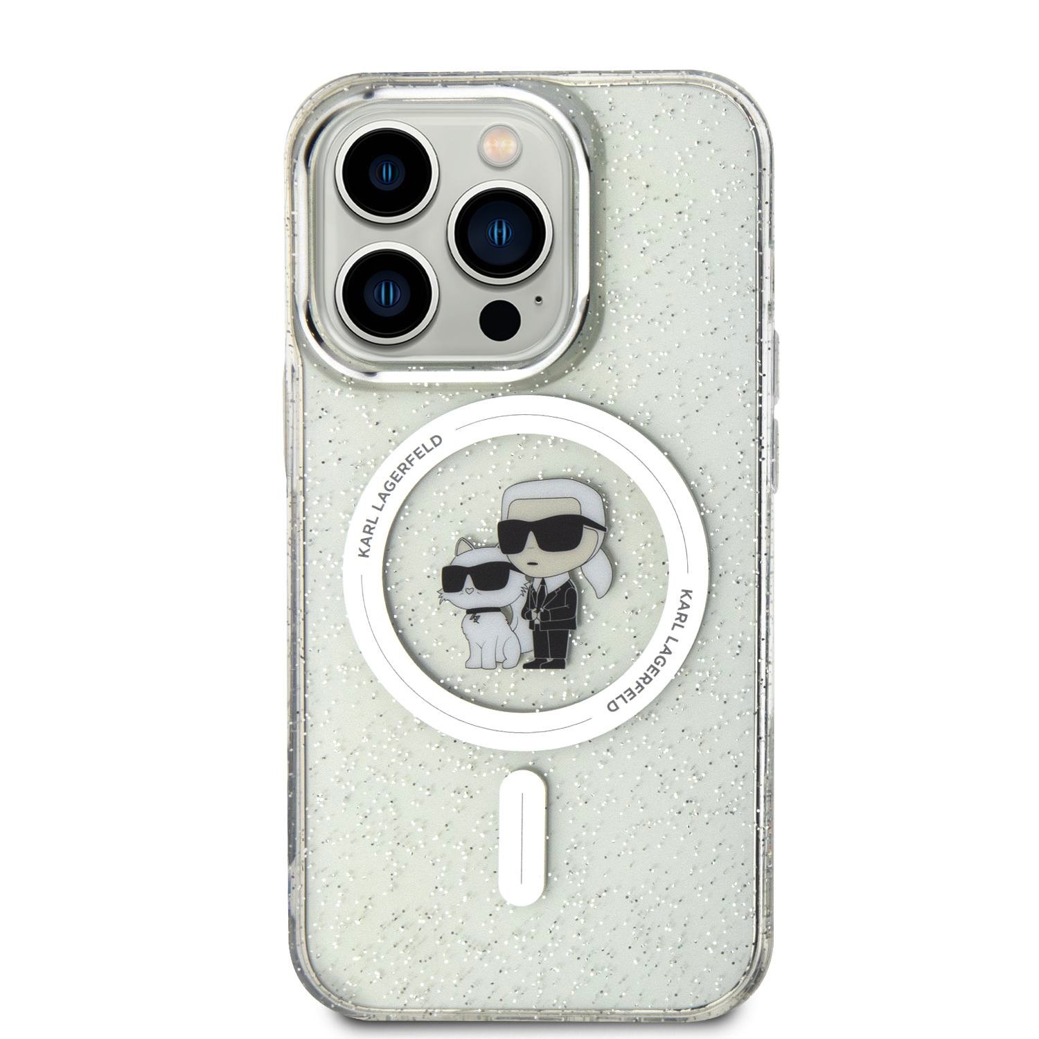Levně Zadní kryt Karl Lagerfeld IML Glitter Karl and Choupette MagSafe pro Apple iPhone 15 Pro, transparentní