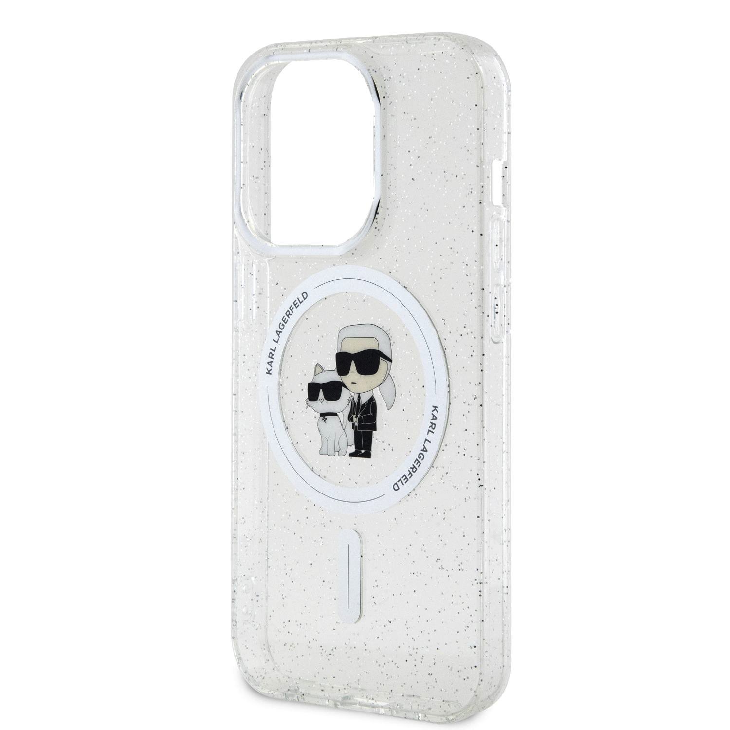 Karl Lagerfeld IML Glitter Karl and Choupette MagSafe Zadní Kryt pro iPhone 15 Pro Transparent