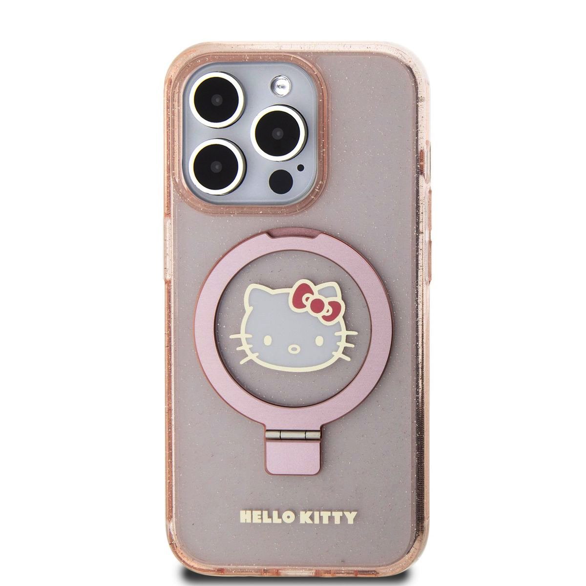 Levně Zadní kryt Hello Kitty IML Ringstand Glitter Kitty Head Logo MagSafe pro Apple iPhone 15 Pro Max, pink