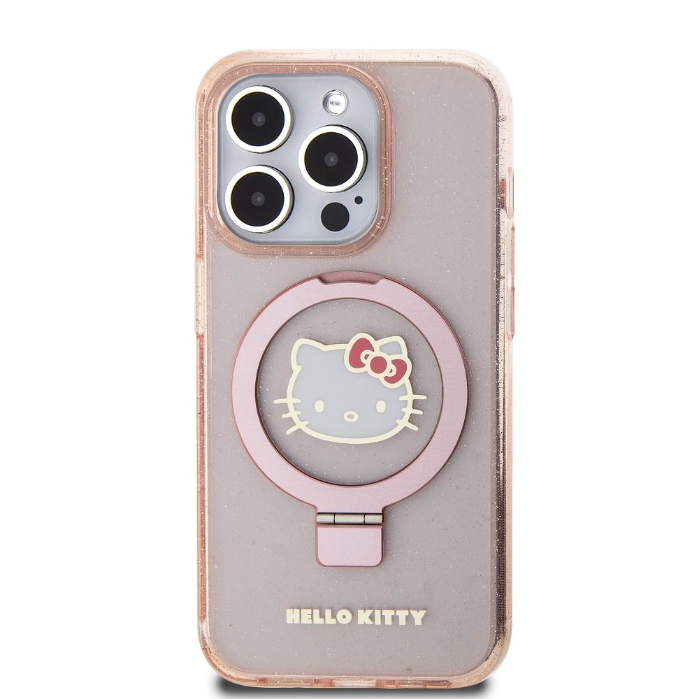 Levně Zadní kryt Hello Kitty IML Ringstand Glitter Kitty Head Logo MagSafe pro Apple iPhone 15 Pro, pink