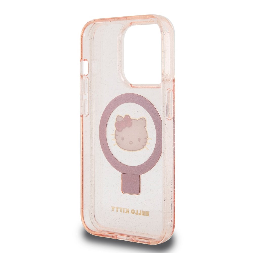 Hello Kitty IML Ringstand Glitter Kitty Head Logo MagSafe Zadní Kryt pro iPhone 15 Pro Pink